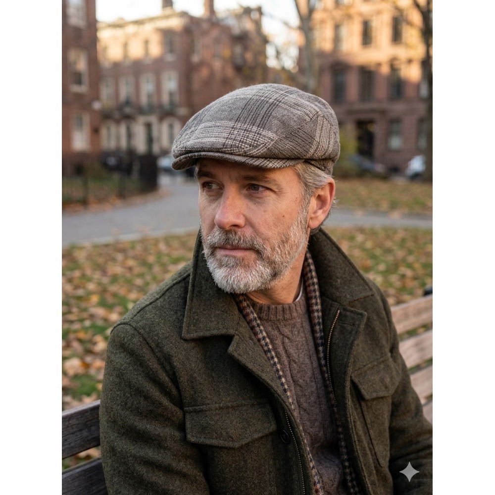 BRONER WEAR IT Brown Plaid Flat‎ Cap Driver Scally Hat Size Large